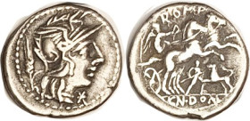 Cn. Domitius, Den, 128 BC, Cr.261/1, Sy.514, Roma head r/Victory in biga r, soldier fighting lion below (actually it's a man in a lion costume, on thi...