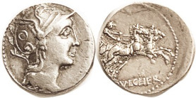 C. Claudius Pulcher, 110-109 BC, Den., Cr.301/1, Sy.569, Roma head r/Victory in biga r; VF, obv well centered, rev moderately off-ct to left; good met...
