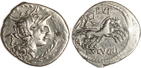 M. Lucilius Rufus, 101 BC, Den, Cr.324/1, Sy.599, Roma head r, in wreath/Victory in biga r; F-VF, a little off-ctr on large flan, tiny mark on cheek &...