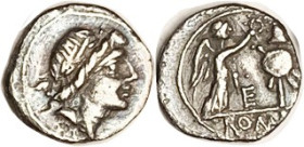 Anonymous Quinarius, 81 BC, Cr.373/1b, Sy.609a, Apollo head r/Victory crowning trophy, E betw; Strong VF, obv nrly centered, rev sl off-ctr, good meta...