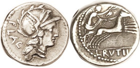 L. Rutilius Flaccus, 77 BC, Den, Cr.387/1, Sy.780; Roma head r/Victory in biga r (actually appears to be one horse with 8 legs); VF, well struck, obv ...