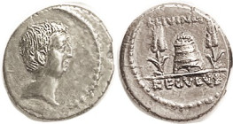 L. Livineius Regulus, 42 BC, Den, Cr.494/29, Sy.1111, Praetor Regulus head r/ Modius; EF, a little off-ctr, good metal with old bluish tone, well stru...