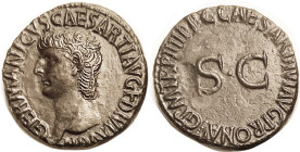 GERMANICUS, As, by Caligula, Bust l./SC in lgnd ending TRP IIII PP, RIC 50; EF, nrly centered with only sl lgnd crowding, glossy dark brown patina wit...