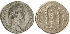 ANTONINUS PIUS, Dup, COS IIII, Figure in shrine, RIC 989; F-VF, well centered, dark green patina, lt roughness mainly on rev. Portrait quite strong. S...