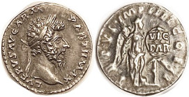 LUCIUS VERUS, Den, TRP VI IMP IIII COS II, Victory writing VIC PAR on shield, RIC 566; EF, perfectly centered, rev lgnd a bit crude, portrait well str...