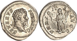 SEPTIMIUS SEVERUS, Den, FELICITAS AVGG, Felicitas stg l; Choice EF, minimally off-ctr but complete on a broad flan, well struck, good metal with luste...