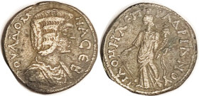 JULIA DOMNA, Philomelium, Æ21, Tyche stg l; F-VF, perfectly centered & well struck, lt tan patina, much detail both sides. Rare!!