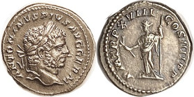 CARACALLA, Den, PM TRP XVIII COS IIII PP, Pax stg l, Choice EF, nrly centered & well struck, good metal with nice toning. This is the famous "Sneezing...
