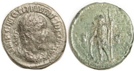 TRAJAN DECIUS, Semis, Bust r/SC, Mars stg l; F-VF or so, centered, full lgnd, deep green patina with moderate roughness. Scarce, the final appearance ...