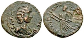 SALONINA, Kyzikos Æ22, Artemis stg l, with 2 torches; VF/F, obv sl off-ctr, lgnds wk, brown patina, rough area at rev right edge, sharp hair detail. R...