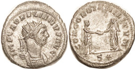 AURELIAN, Ant, CONCORDIA MILITVM, Ruler & wife shaking hands (Aw, give her a kiss), S*; EF, obv sl off-ctr but complete; fairly well struck; silvered ...