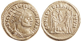 DIOCLETIAN, Ant, CONCORDIA MILITVM, Jupiter giving Victory to Ruler, HE; Choice VF+, obv a hair off-ctr with full lgnd, smooth dark olive brown surfac...