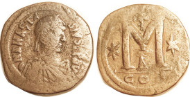 ANASTASIUS I, Follis, S-19, CON-Delta, Strong F, centered on large 37 mm flan, lt brown, bold features, decent for this. (A F -VF with sl roughness br...