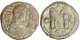 JUSTIN I, Follis, S-63, Large M betw star & cross, CON-B; F+, well centered, sl crude work, glossy dark green patina with only minor imperfections. Ra...