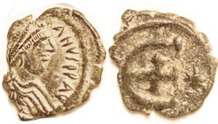 JUSTINIAN I, 5N, S244, Bust r/E & star; VF, obv off-ctr to left on quite ragged flan, dark green patina with earthen hilighting, clear portrait with s...