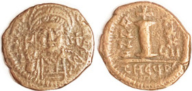 JUSTINIAN I, 10N, S-239, Facg bust/THEYP Year XXXuII; F-VF or so, nrly centered, pale-brown from old cleaning, sl crudeness, face reasonably clear.
