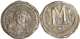 JUSTINIAN I, Follis, S-163, Facg Bust/Large M, CON-XV-Gamma; AVF/VF, big 39 mm flan, rev sl off-ctr, darkish brown, minor surface imperfections, stron...
