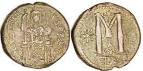 JUSTINIAN I, Follis, S-214, Justinian enthroned /Large M, THEUP-A; VF, well centered, brown patina with sl greenish hilighting, well struck with much ...