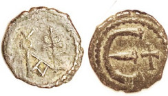 JUSTIN II, 5N, S-386, Theoupolis, Monogram/Large E, cross rt; VF, centered, dark brown patina, sl crudeness, clear features. Ex my collection bought 1...