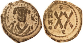 TIBERIUS II, 1/2 Follis, S-452, Theoupolis, Year appears clearly to have been left blank! F+/VF, minimally off-ctr, smooth dark patina with dramatic o...