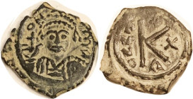 MAURICE, 1/2 Follis, S497, Facg bust/large K, Year X-A; VF, sl off-ctr on ragged flan, smooth dark patina with dramatic earthen hilighting; very stron...