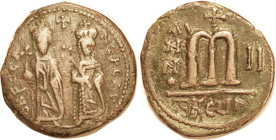 PHOCAS, Follis, S671, Phocas & Leontia stg facg/Large M, THEUP-II; Nice VF, medium brown with decent surfaces, bold features, much detail on figures. ...