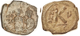 HERACLIUS, 1/2 Follis, S-830, 2 figures/Large K, Thessalonika, Year u reverted ; F+, centered on ragged flan, brown patina, sl overstruck & crude, rar...