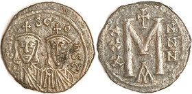 LEO V, Follis, S1630, 2 busts/M etc, VF, obv a touch off-ctr, medium brown, minor roughness, portraits strong. Very scarce. With old Cederlind tag $27...
