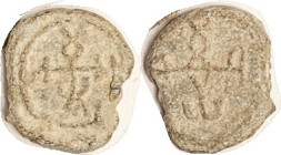LEAD SEAL, 15x18 mm, Cruciform Monogram each side, AVF, sl off-ctr, pale grey with whiteish hilighting, monograms fully clear.