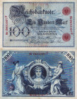 Deutsches Reich bis 1945
Reichsbanknoten und Reichskassenscheine 1874-1914 100 Mark 10.4.1896. Serie F KN 0653307 Ro. 15 Grab. DEU-11 Selten. III-IV