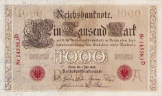 Deutsches Reich bis 1945
Reichsbanknoten und Reichskassenscheine 1874-1914 1000 Mark 1.7.1898. Udr.-Bst. "A", KN 145583D Ro. 18 Grab. DEU-14 III+
