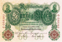 Deutsches Reich bis 1945
Reichsbanknoten und Reichskassenscheine 1874-1914 50 Mark 10.3.1906. Reichskassenschein Serie Y/C KN 059393 Ro. 25a Grab. DE...