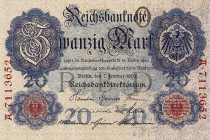Deutsches Reich bis 1945
Reichsbanknoten und Reichskassenscheine 1874-1914 20 Mark 7.2.1908. Udr.-Bst. "O", KN A.7113652 Ro. 31 Grab. DEU-29 II