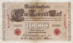 Deutsches Reich bis 1945
Reichsbanknoten und Reichskassenscheine 1874-1914 1000 Mark 7.2.1908. Udr.-Bst. "M", KN 278280D Ro. 36 Grab. DEU-33 III