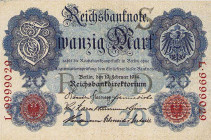 Deutsches Reich bis 1945
Reichsbanknoten und Reichskassenscheine 1874-1914 20 Mark 19.2.1914. Udr.-Bst. "L", KN L.8062285, Udr.-Bst. "H", KN P.000040...