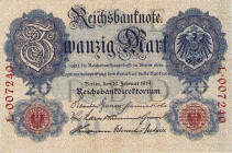 Deutsches Reich bis 1945
Reichsbanknoten und Reichskassenscheine 1874-1914 20 Mark 19.2.1914. Udr.-Bst. "E", KN L.007240 mit Wasserzeichen Ro. 47 a G...