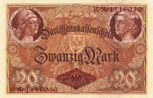 Deutsches Reich bis 1945
Reichsbanknoten und Reichskassenscheine 1874-1914 20 Mark 5.8.1914. Darlehenskassenschein Serie K KN 1116030 Ro. 49b Grab. D...