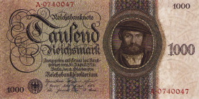 Deutsches Reich 1924 bis 1933
Deutsche Reichsbank 1924-1933 50, 100 und 1000 Reichsmark 30.8.1924 50 (Udr.-B. V), 100 (Udr.-B O) und 1000 (Udr.-B. R)...