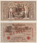 Deutsches Reich bis 1945
Reichsbanknoten und Reichskassenscheine 1874-1914 1000 Mark 21.4.1910. Udr.-Bst. "U", KN 9338439N. Mit rotem Überdruck "MUST...