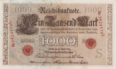 Deutsches Reich bis 1945
Reichsbanknoten und Reichskassenscheine 1874-1914 1000 Mark 21.4.1910. Udr.-Bst. "S", KN 3924576L. Fehldruck, KN und Siegel ...