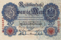 Deutsches Reich bis 1945
Reichsbanknoten und Reichskassenscheine 1874-1914 20 Mark 21.4.1910. Udr.-Bst. "R", KN K.236487, (leichte Flecken). Udr.-Bst...