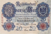 Deutsches Reich bis 1945
Reichsbanknoten und Reichskassenscheine 1874-1914 20 Mark 10.3.1906 Udr.-Bst. "X", KN C.023979 Ro. 24 a Grab. DEU-21a I