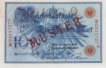 Deutsches Reich bis 1945
Reichsbanknoten und Reichskassenscheine 1874-1914 100 Mark 7.2.1908. Udr.-Bst. "Q", KN 0411727N mit rotem Überdruck "MUSTER"...