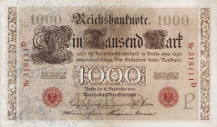 Deutsches Reich bis 1945
Reichsbanknoten und Reichskassenscheine 1874-1914 1000 Mark 10.9.1909. Udr.-Bst. "P", KN 318111D Ro. 39 Grab. DEU-36 III