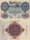 Deutsches Reich bis 1945
Reichsbanknoten und Reichskassenscheine 1874-1914 20 Mark 21.4.1910 Udr.-Bst. "E", KN K.1687239 mit Wasserzeichen Ro. 41 Gra...
