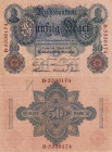 Deutsches Reich bis 1945
Reichsbanknoten und Reichskassenscheine 1874-1914 50 Mark 21.4.1910. Udr.-Bst. "N", KN B. 5336174. Fehldruck, Stichdruck in ...
