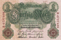 Deutsches Reich bis 1945
Reichsbanknoten und Reichskassenscheine 1874-1914 50 Mark 21.4.1910. Udr.-Bst. "T", KN A.6757498 und Udr.-Bst. "N", KN B.599...