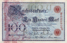 Deutsches Reich bis 1945
Reichsbanknoten und Reichskassenscheine 1874-1914 100 Mark 7.2.1908. Serie "Z", KN 7503025A. Dazu 100 Mark 18.12.1905 Udr.-B...