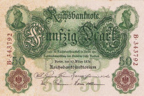 Deutsches Reich bis 1945
Reichsbanknoten und Reichskassenscheine 1874-1914 20 Reichsmark 10.3.1906. 50 Mark 10.3.1906 (2x) Udr.-Bst. "Y", KN B.343792...