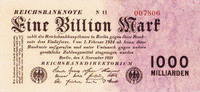 Deutsches Reich bis 1945
Geldscheine der Inflation 1919-1924 1 Billion Mark 1.11.1923. FZ N 11 KN 007806 Ro. 126c Grab. DEU-155c I